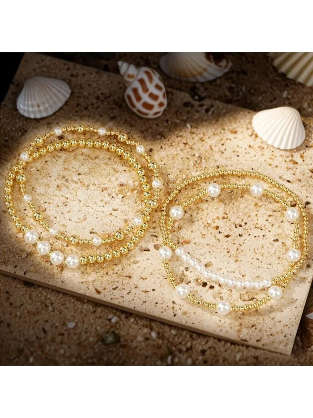 Trendy 14K Gold Plated Pearl Beaded Stackable Bracelets Set for Women